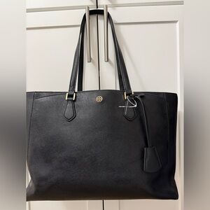Tory Burch Black Robinson Tote Bag with Gold Accents